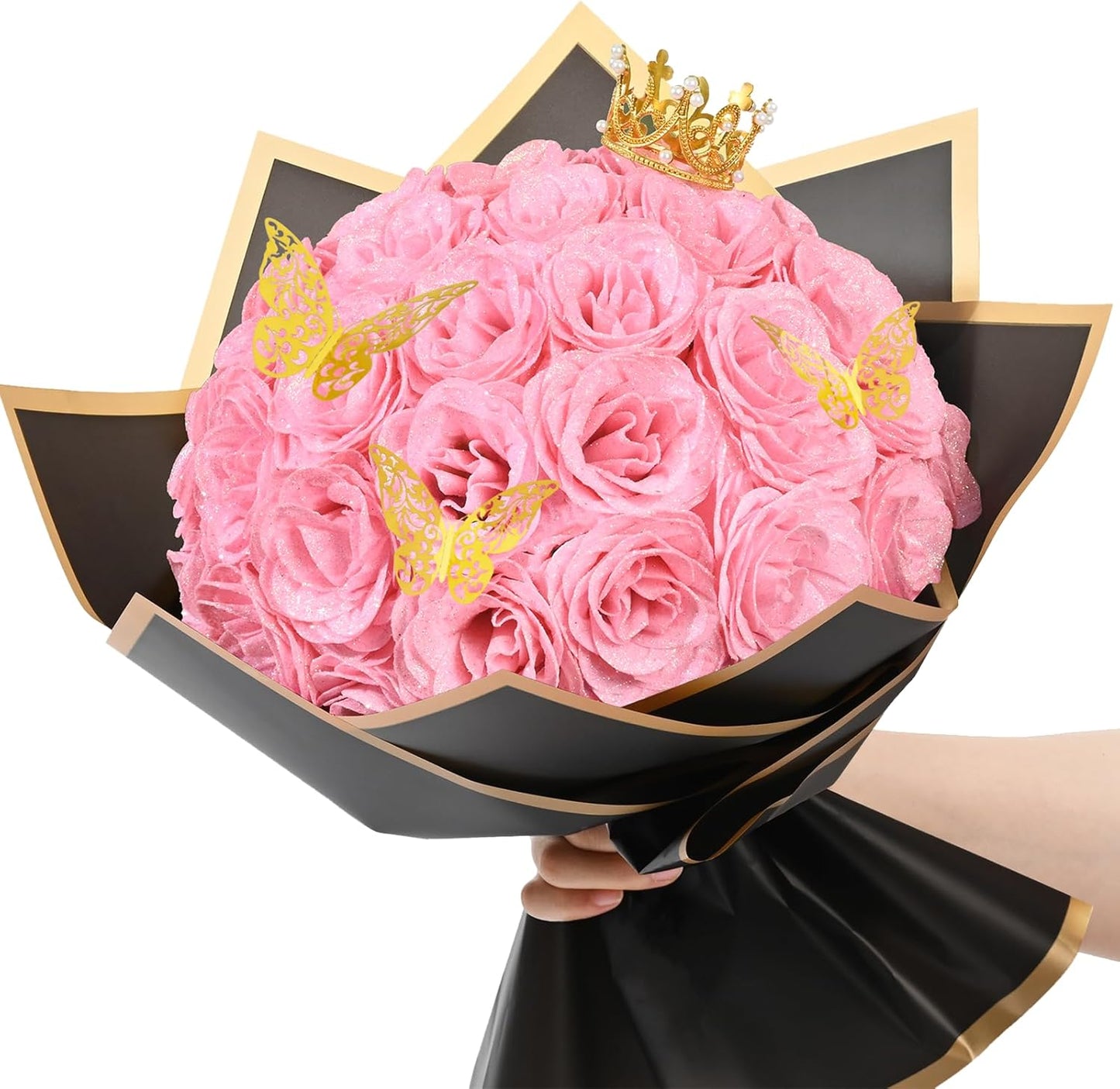 56 pcs Diy Glitter Rose Bouquet Kit Artificial