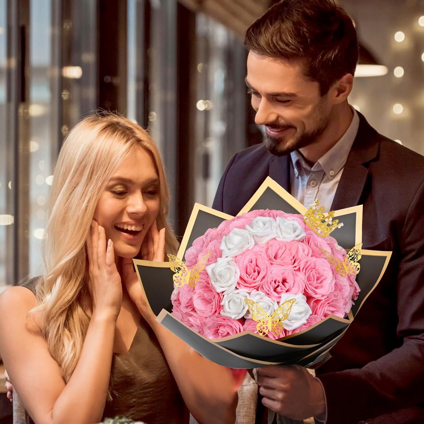 56 pcs Diy Glitter Rose Bouquet Kit Artificial