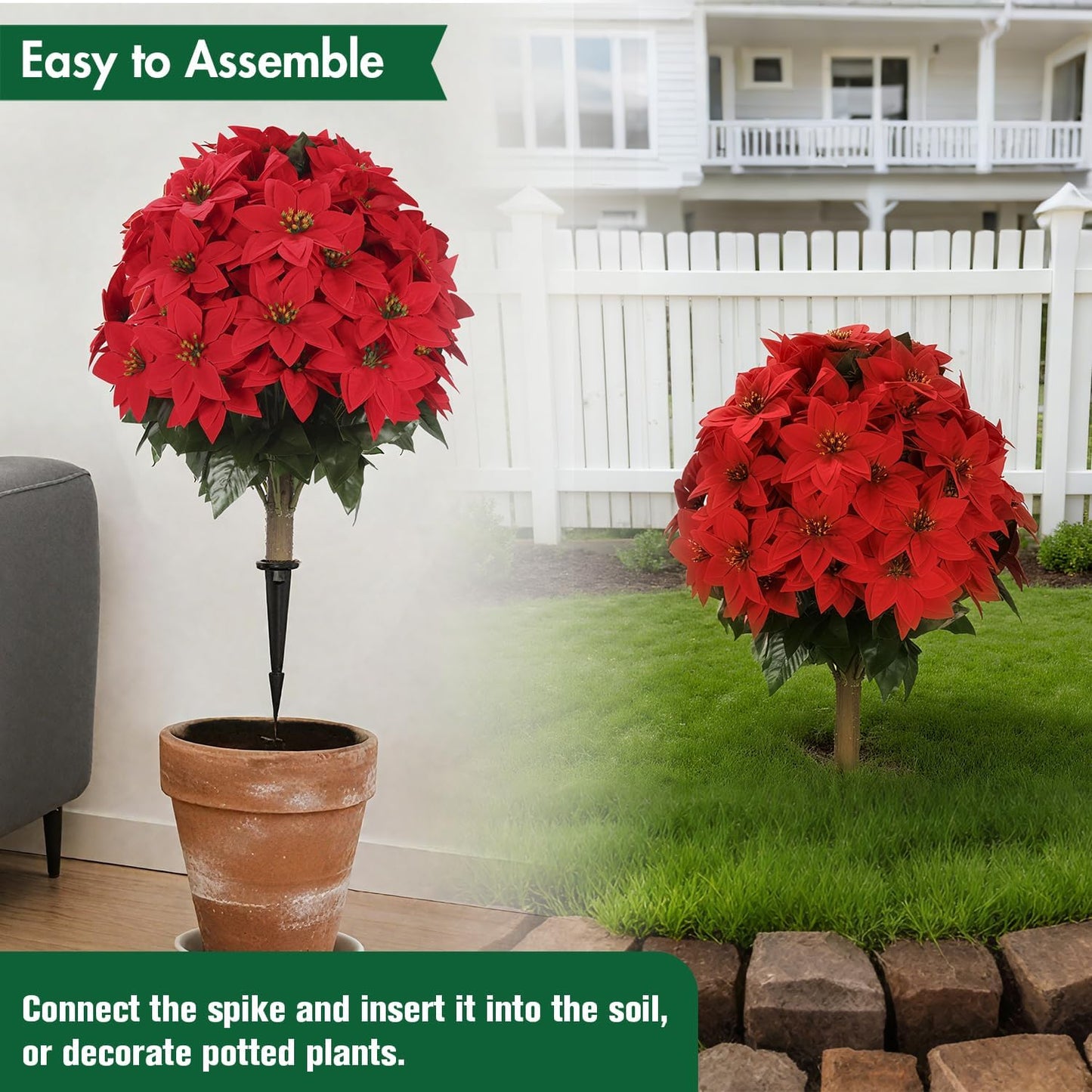 2 pack Artificial Poinsettia Topiary Trees Resistant UV