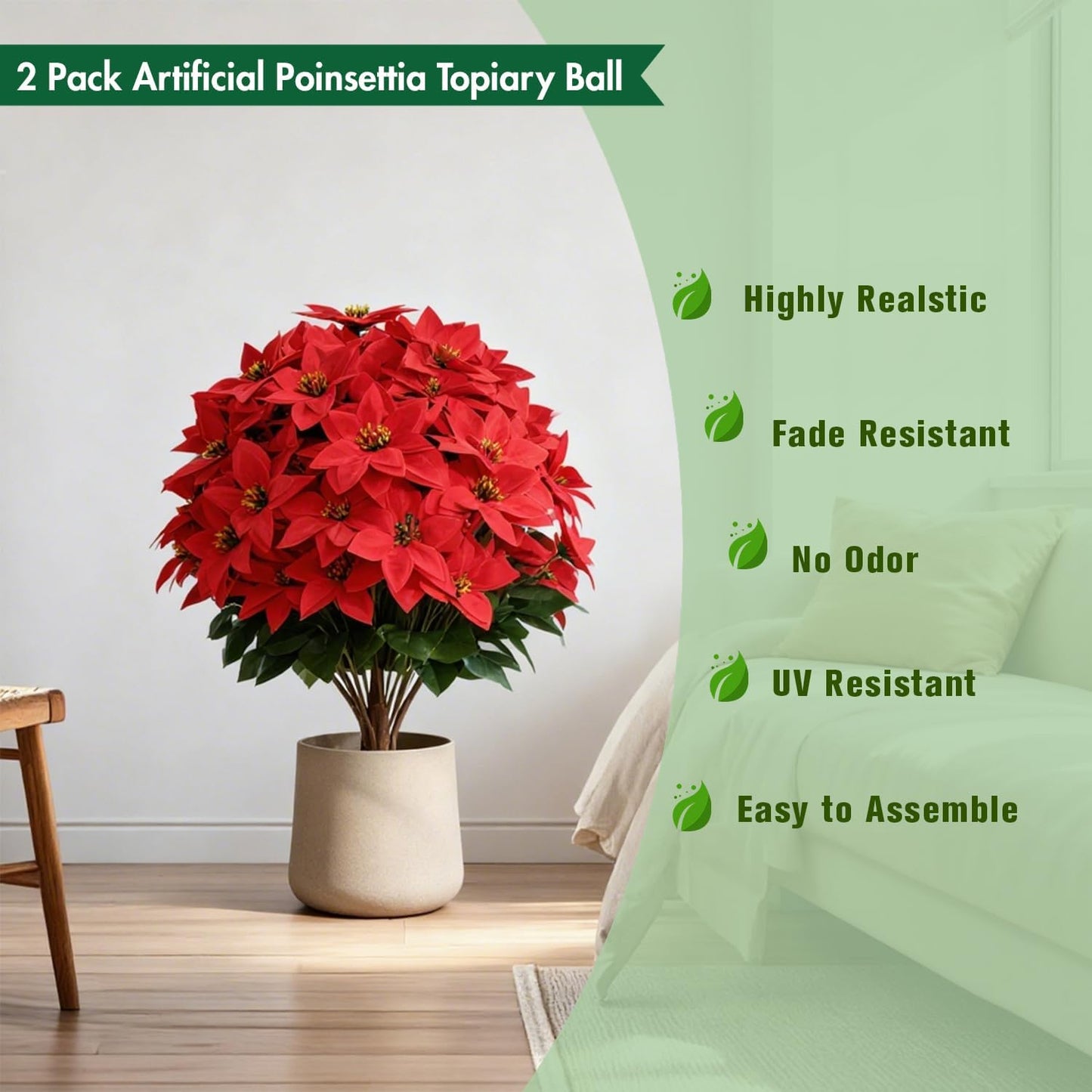 2 pack Artificial Poinsettia Topiary Trees Resistant UV