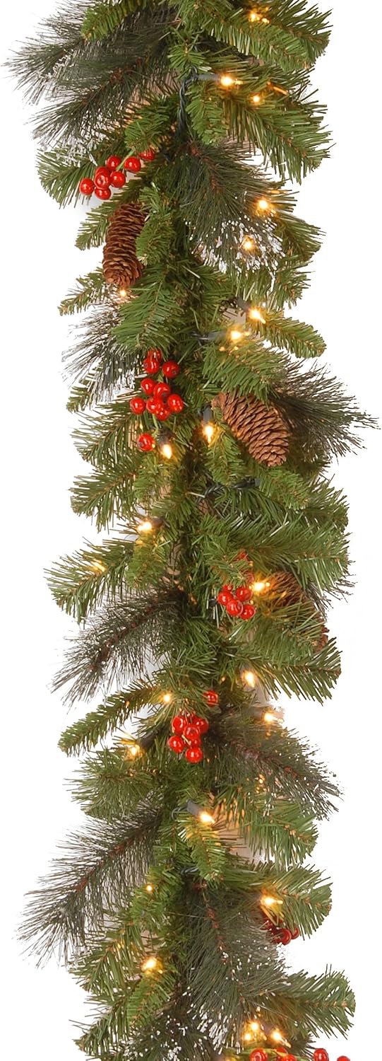 9 ft Prelit Crestwood Spruce Garland Glitter Pinecones