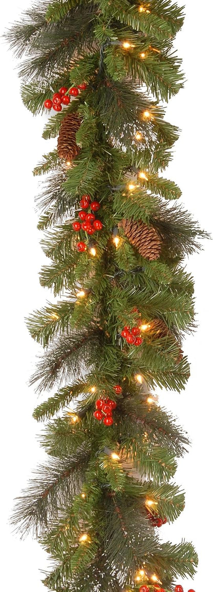 9 ft Prelit Crestwood Spruce Garland Glitter Pinecones