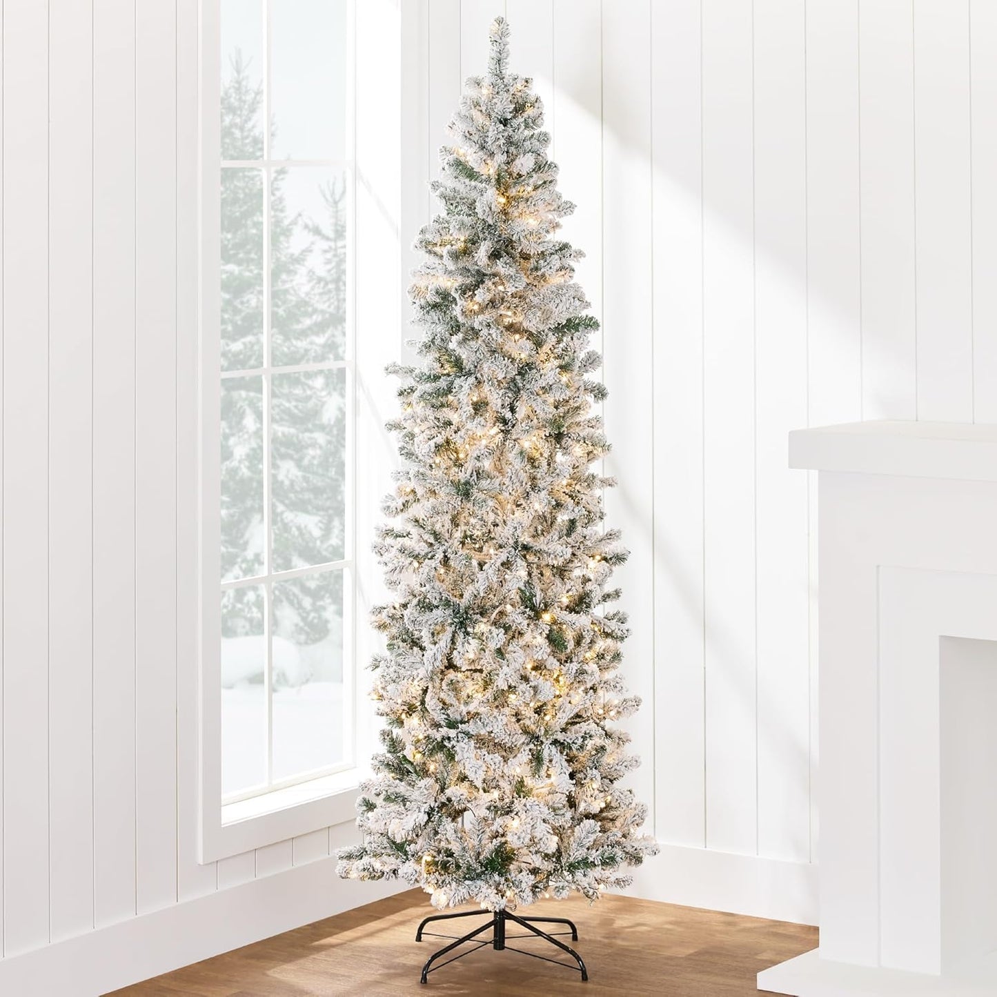 6 ft Prelit Flocked Pencil Christmas Tree Warm
