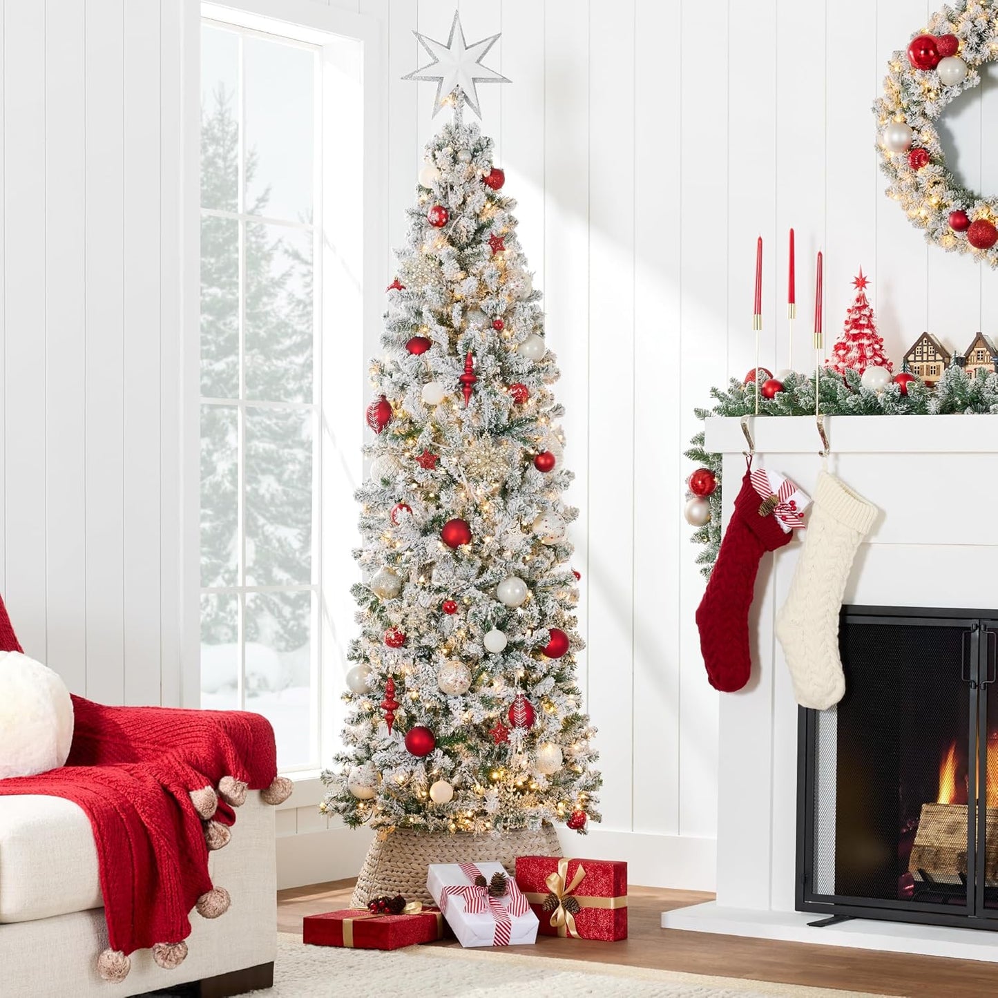 6 ft Prelit Flocked Pencil Christmas Tree Warm