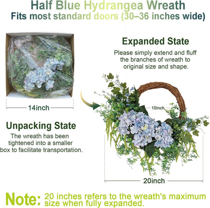 18 inch Blue Hydrangea Half Wreath Spring Summer