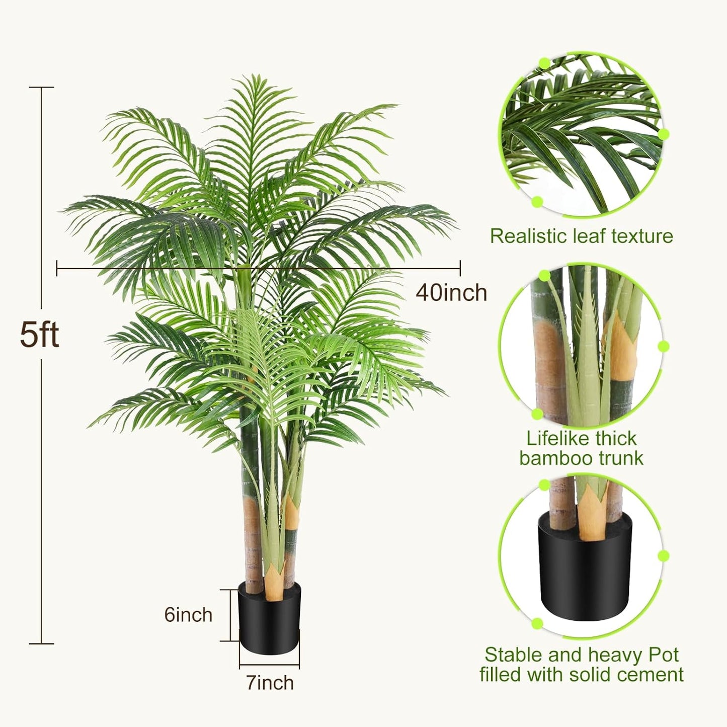 5 ft Tall Triple Golden Cane Palm Artificial