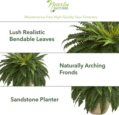 22 inch Artificial Boston Fern Plant Sandstone Planter