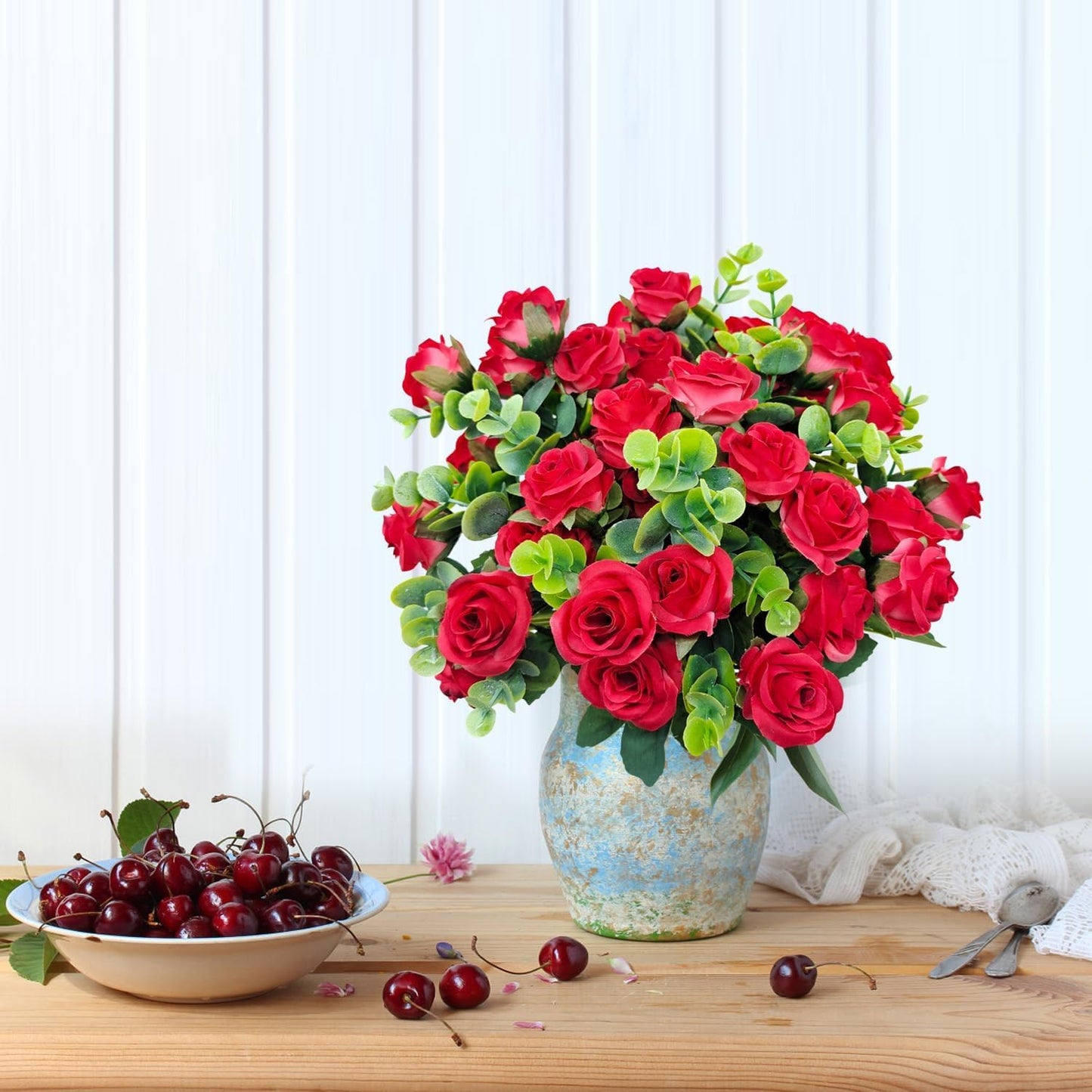 10 piece Artificial Roses Eucalyptus Leaves Silk Home