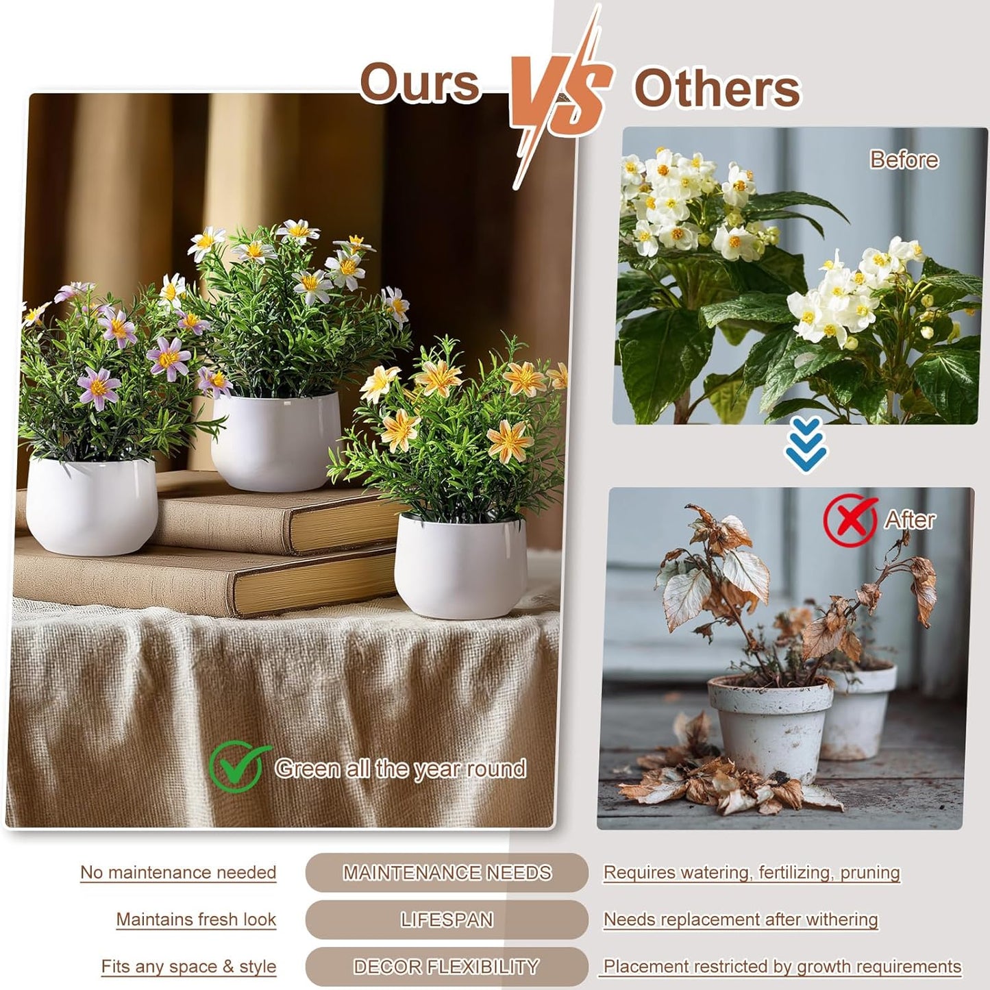 3 pack Small Artificial Potted Flowers Home Kitchen