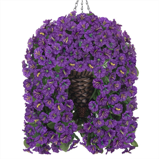 HyeFlora Artificial Faux Hanging Flowers Plants Basket for Outdoor Outside Porch Decoration, UV Resistant Fake Silk Purple Morning Glory Trailing Vines Realistic for Summer Home Balcony Yard Patio